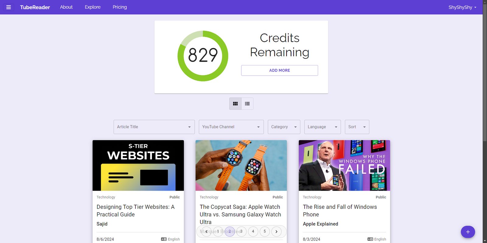 TubeReader dashboard of generated articles.