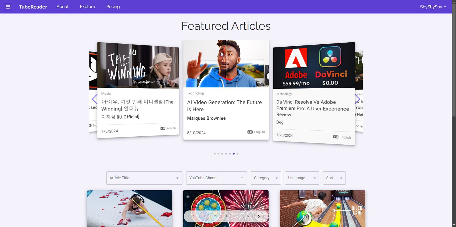TubeReader explore page of public articles.