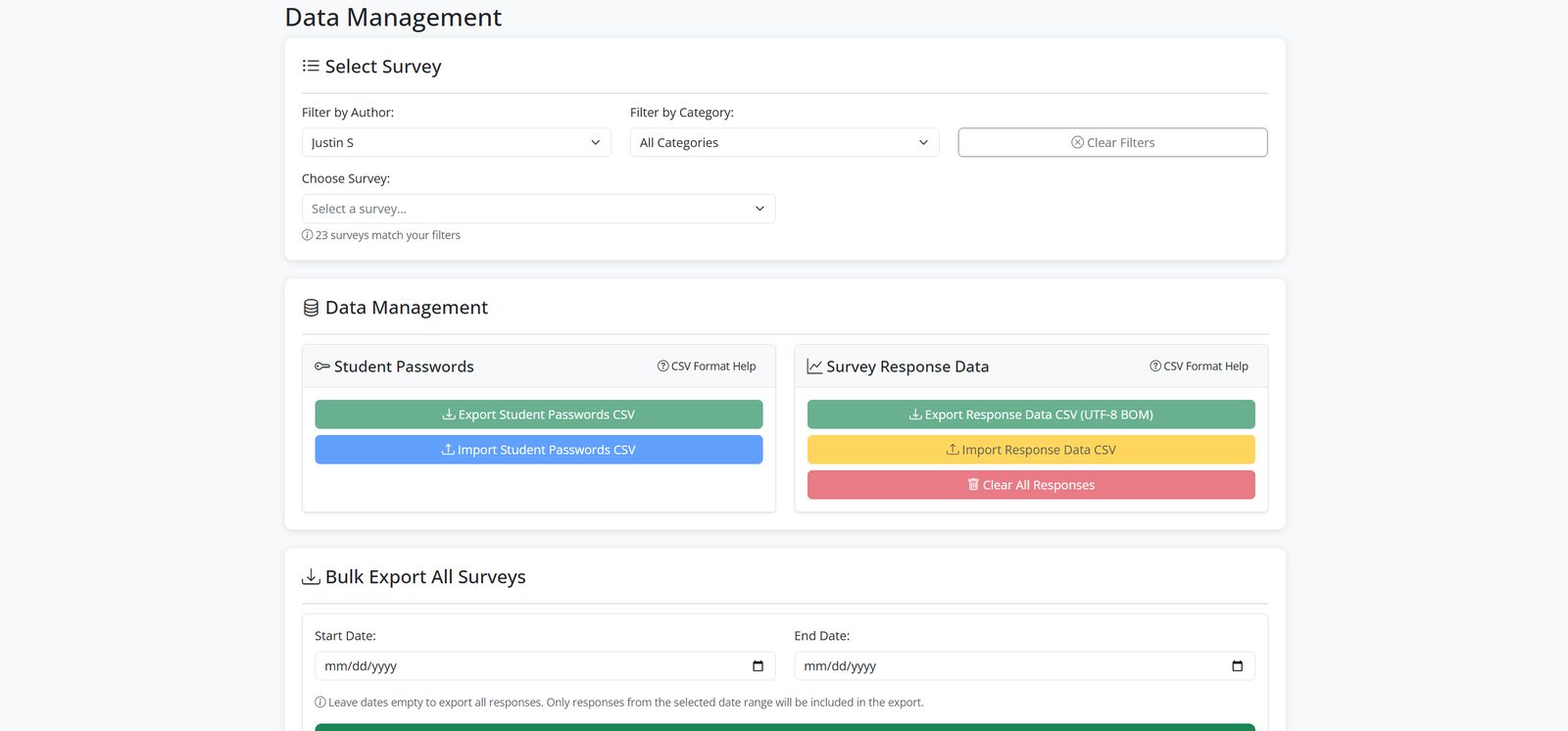 Survey data management screen.