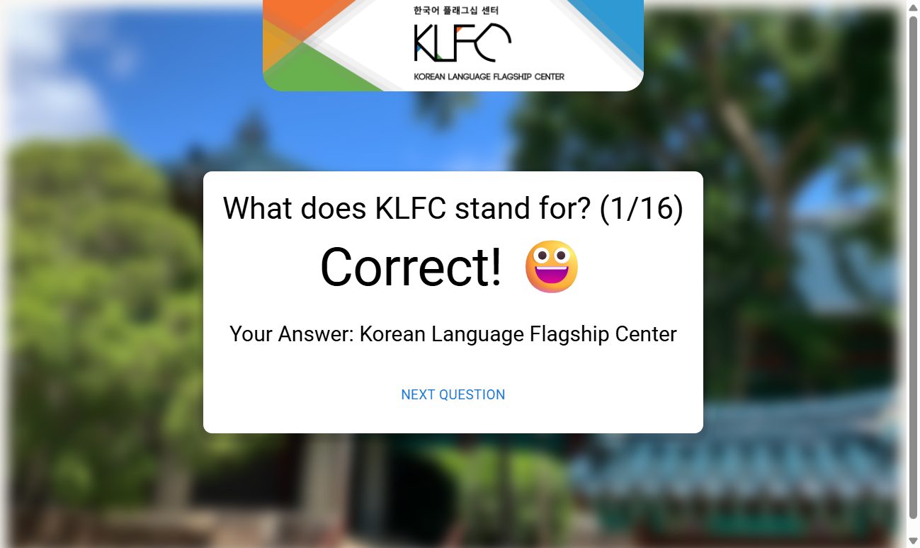 Trivia card after a correct answer, with the chosen text and a next-question control.