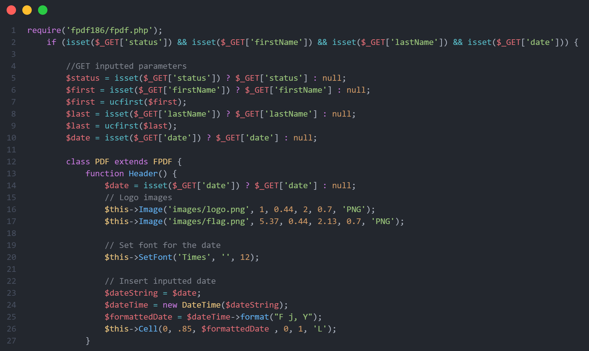 PHP FPDF header code placing logo, flag, and formatted date.