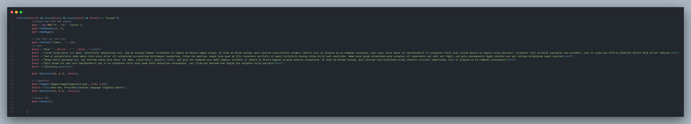 More of the FPDF PHP used to write the letter body.
