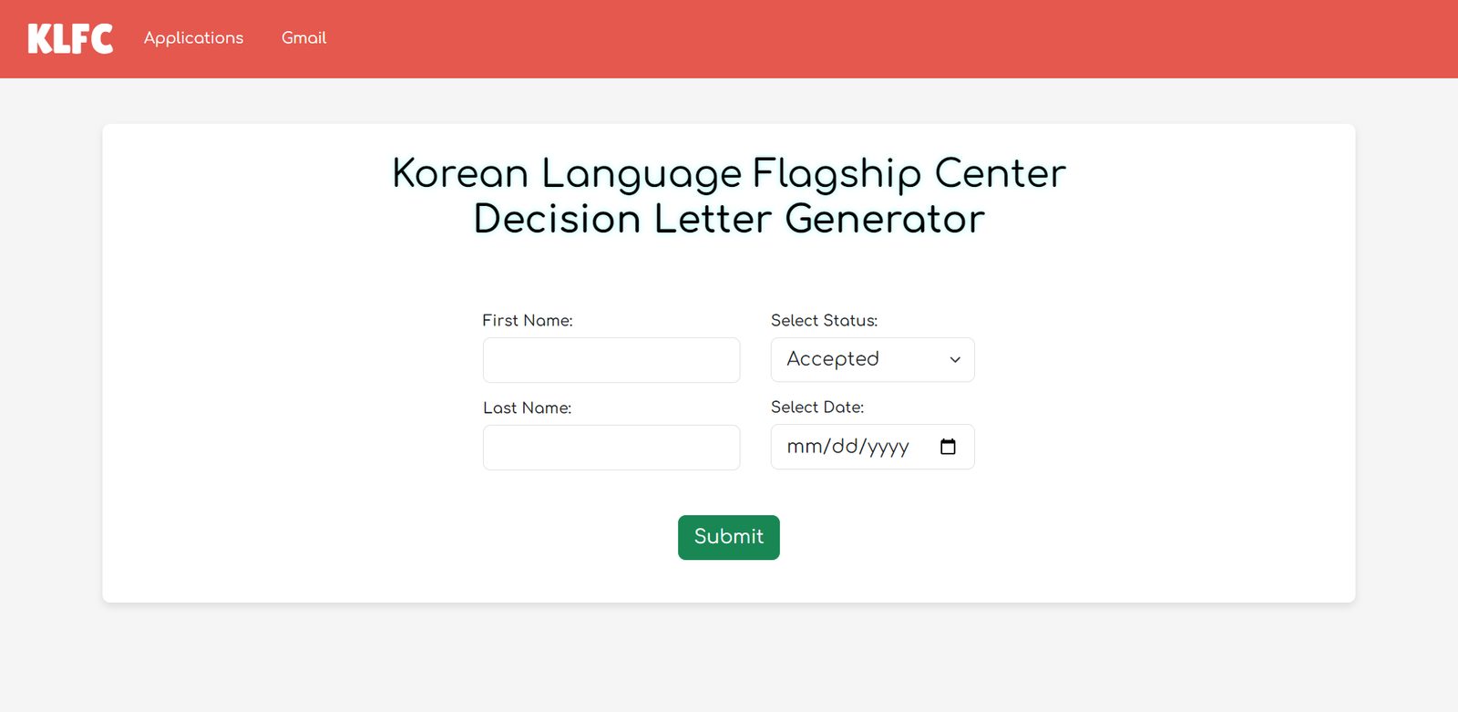 Form for generating a KLFC decision letter.
