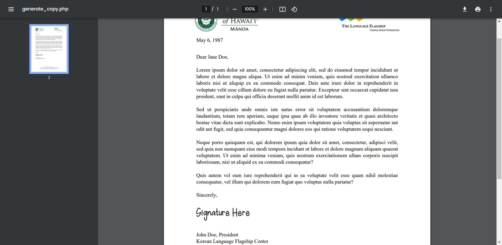 Generated decision letter preview.